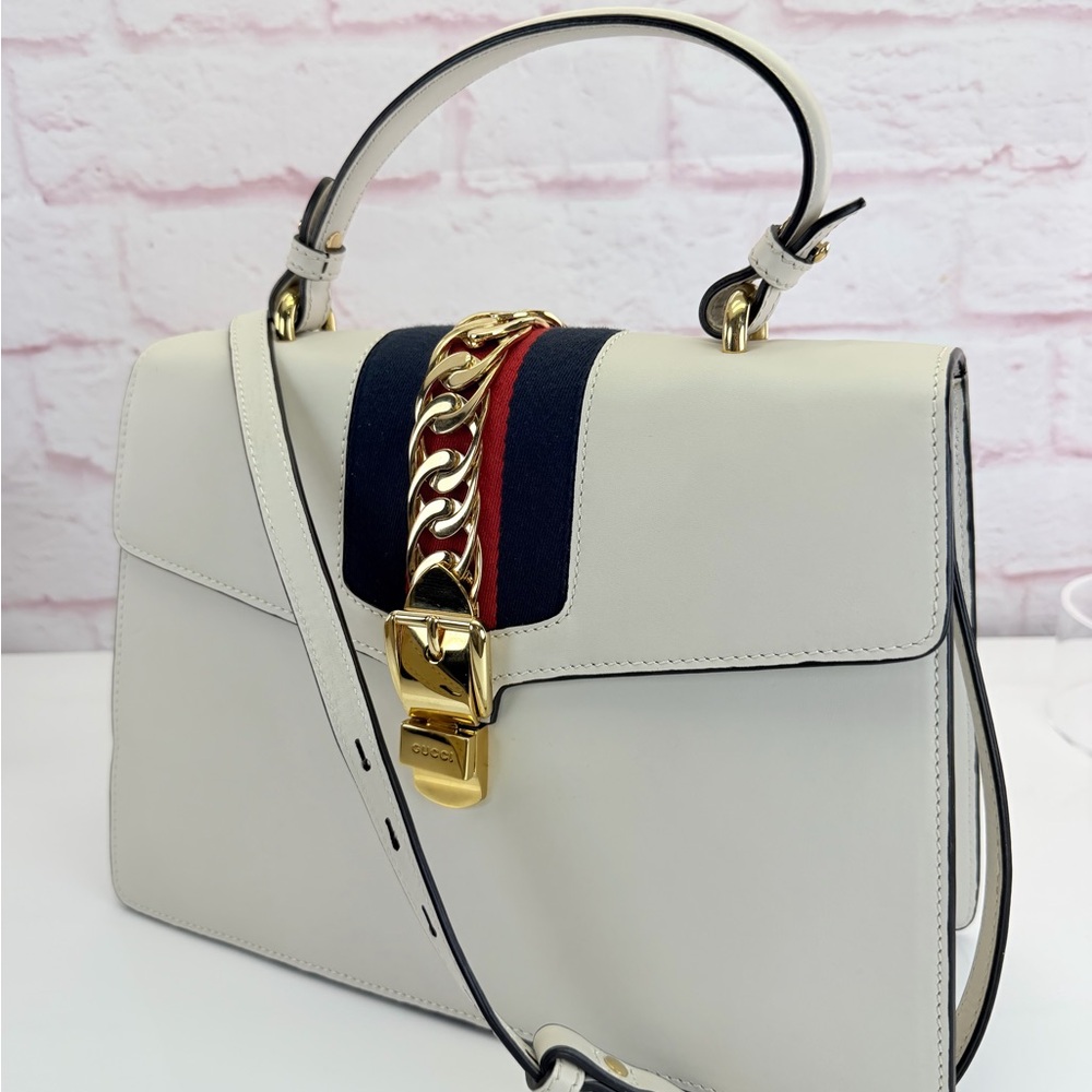 Gucci Sylvie Top Handle Web Chain White Leather Bag Medium - Picture 2 of 16